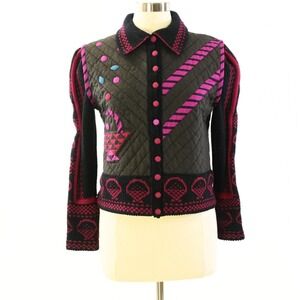 90s Vintage Multicolor Quilted Jacket Knit Sleeves Womens Size M Boho Artsy Boxy